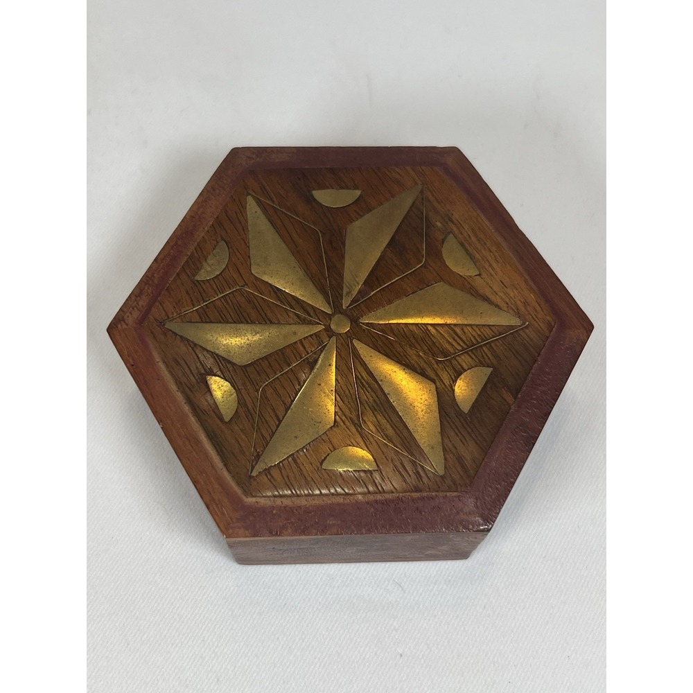 Wood Brass Inlay Trinket Keepsake Box Hexagon Shaped